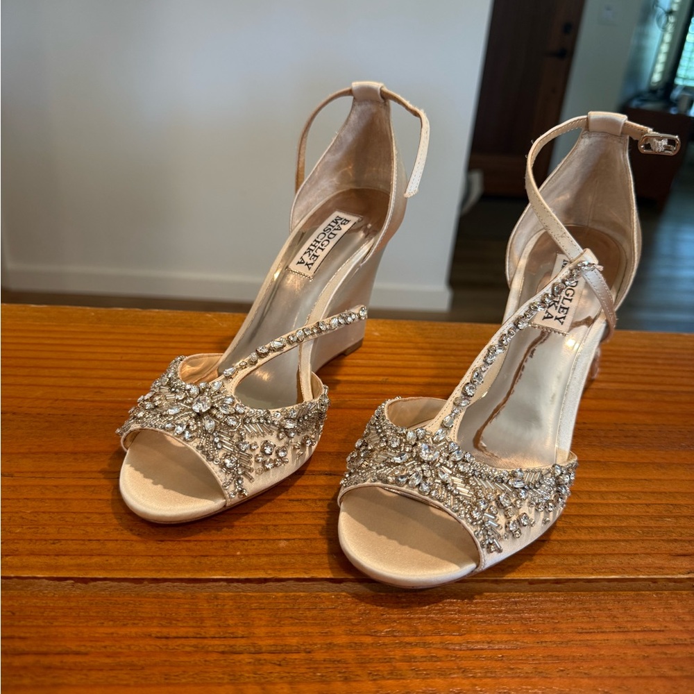 Badgley Mischka Sarah Satin Embellished Wedge Heels - Cream and Silver